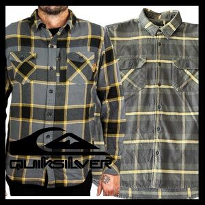 Quiksilver Gray/Yellow Plaid Regular Cotton Flannel Shirt (L)